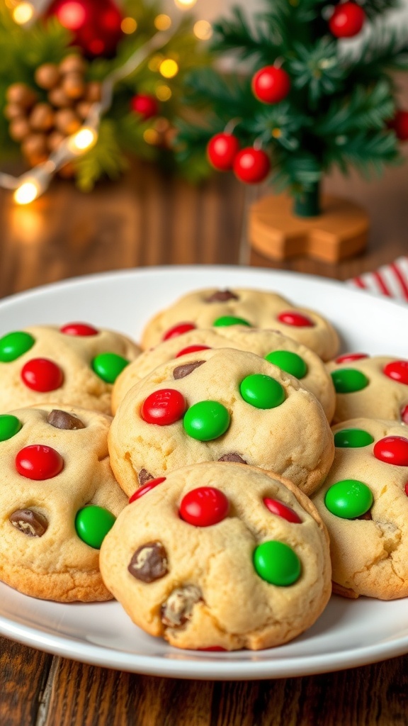 A festive plate of M&M Christmas cookies with red and green candies, surrounded by holiday decorations.